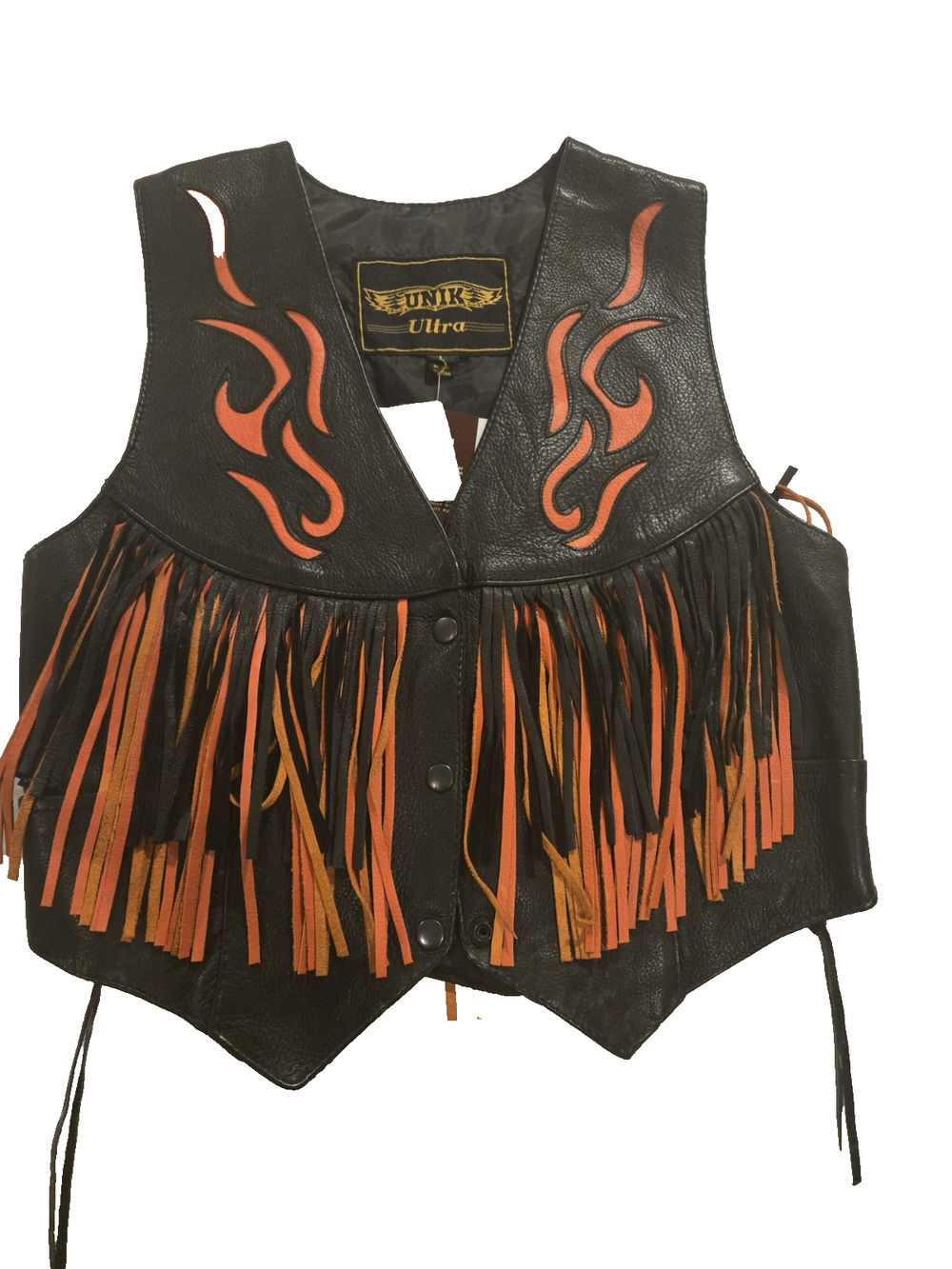 Unik Ultra women's Orange Tribal Leather Biker Vest with Fringe and conchos